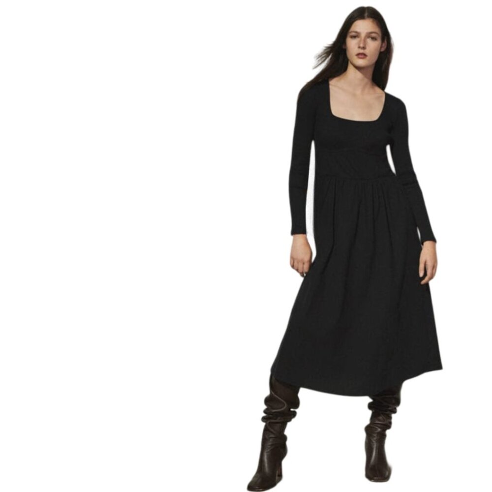 NWT Zara Black Ribbed Midi Dress with Corset Detail